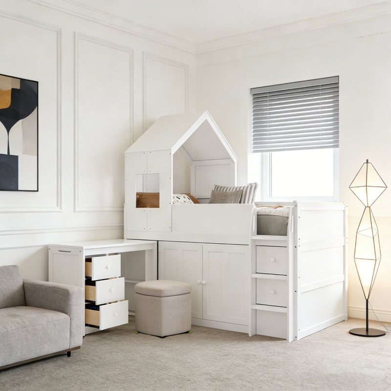 Lit mezzanine simple de style maison simple avec bureau roulant, armoire de rangement et tiroirs, Blanc