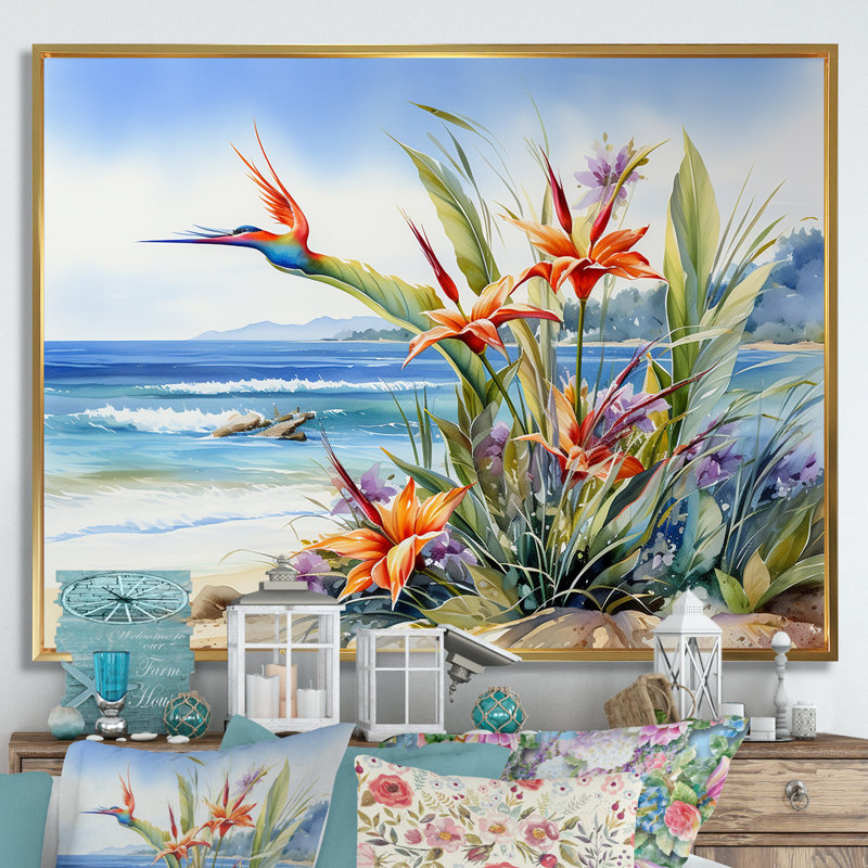 Oiseaux de paradis sur la plage - Oiseaux de paradis, art mural encadré, H 12 po x l 20 po x P 1 po, Cadre flottant doré