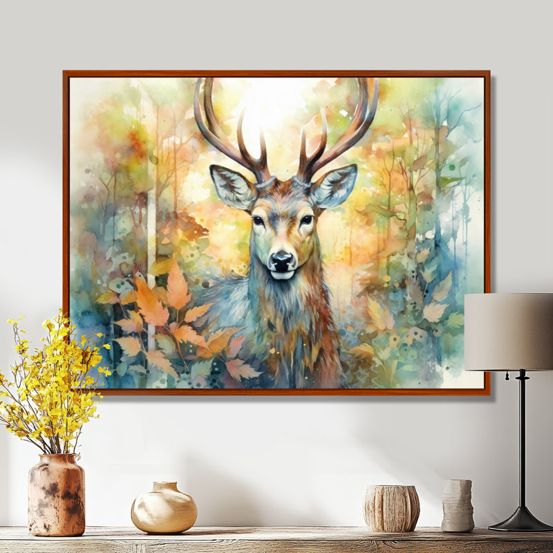 Deer Wonderers I - art mural cerf, H 16 po x l 32 po x P 1 po, Cadre flottant brun