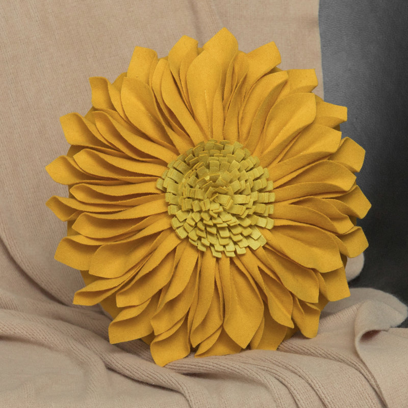  Housse et insert de coussin décoratif en tournesol Appliqued, Carré 12 po, Toile jaune doré et suède de laine