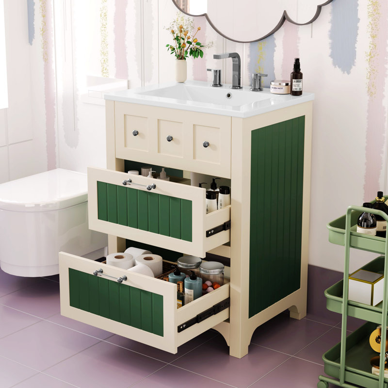 Armoire de salle de bain moderne en bois, meuble-lavabo avec lavabo en céramique et 2 tiroirs