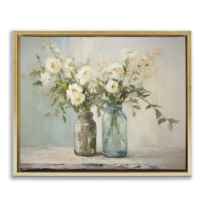 «Mason Jar Bouquet» par Ramona Murdock, Cadre flottant métallique doré, H 17 po x l 21 po