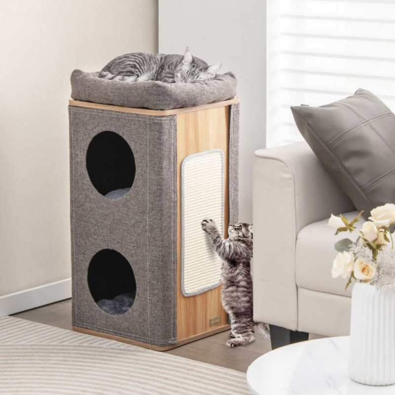 Gray 3-Story Cat House with Sisal Scratching Board