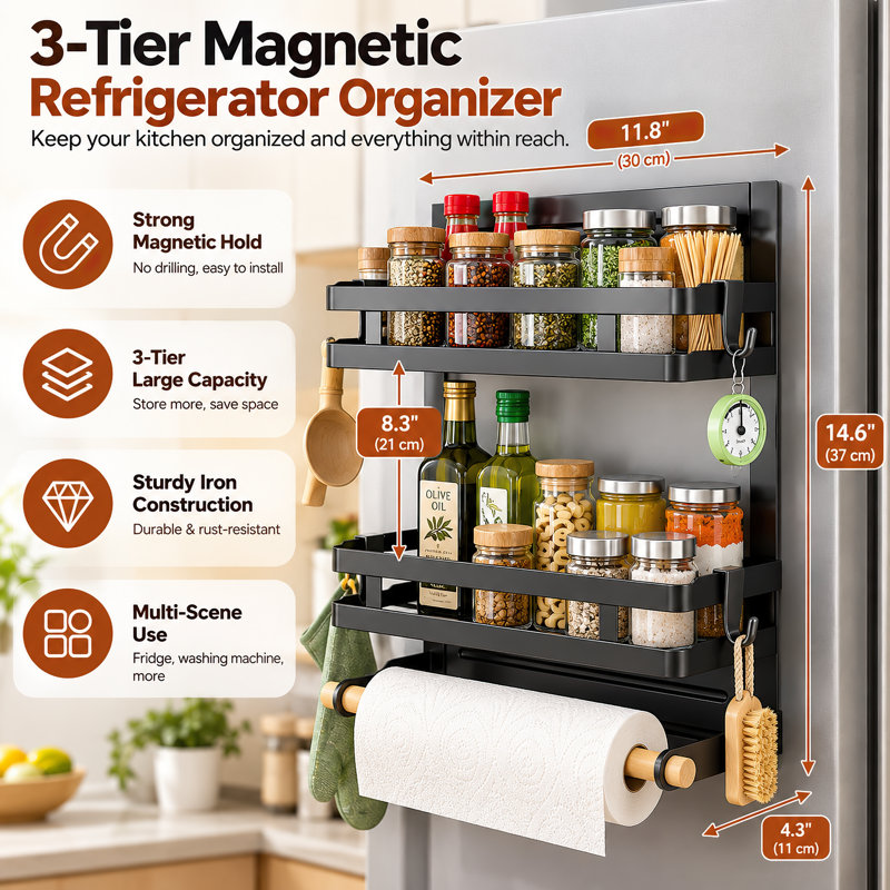 Magnetic Storage Rack for Refrigerator with No Drill Installation
