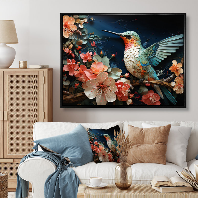 Teal Pink Hummingbird Harmony - Animals Canvas Wall Art, H 30 po x l 40 po x P 1,5 po, Cadre flottant noir
