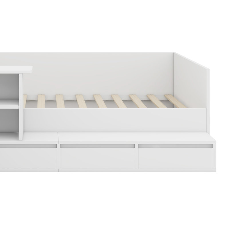 Lit plateforme en bois avec tiroirs, tablettes et coiffeuse, Blanc
