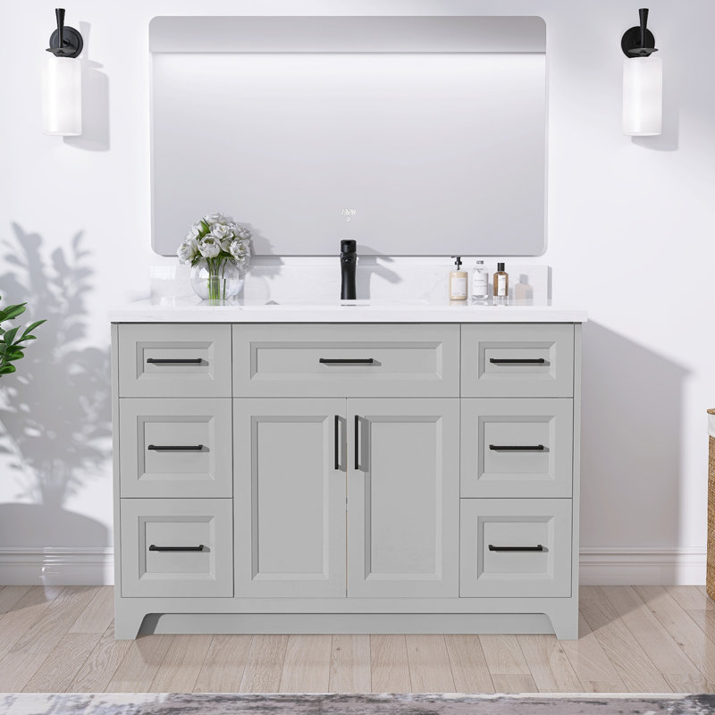 Base de meuble-lavabo simple en bois massif de 48 po seulement, Gris clair