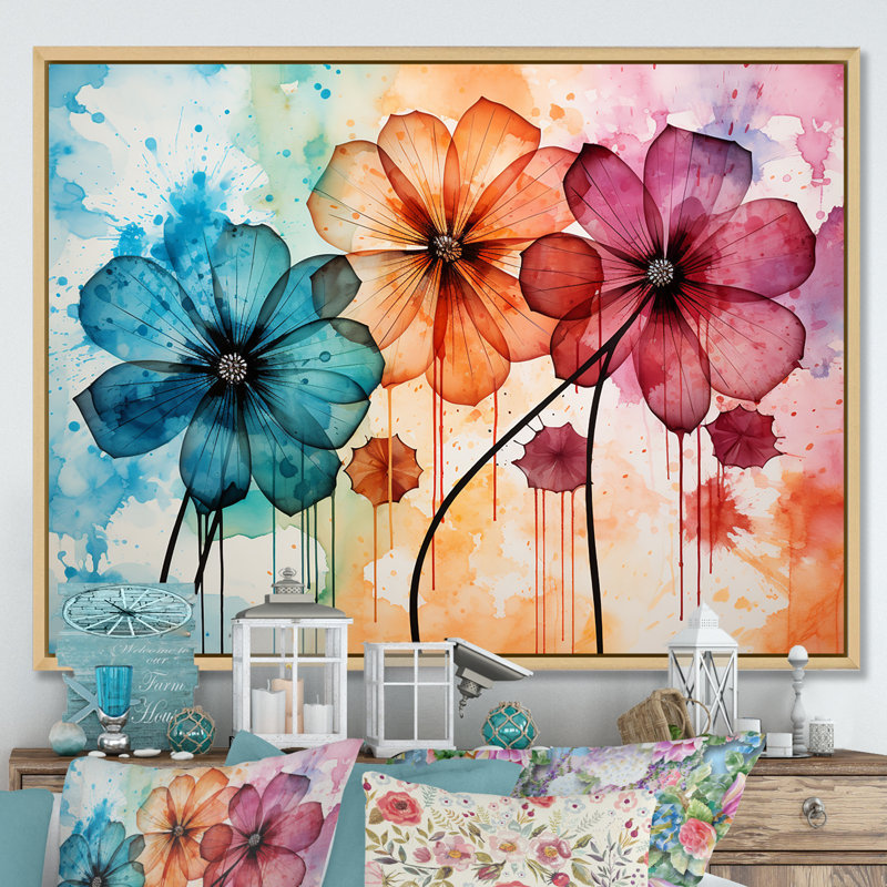 Aquarelle, fleurs sauvages, Wander Meadow - fleurs sauvages, art mural, Cadre flottant brun, H 24 po x l 32 po x P 1 po