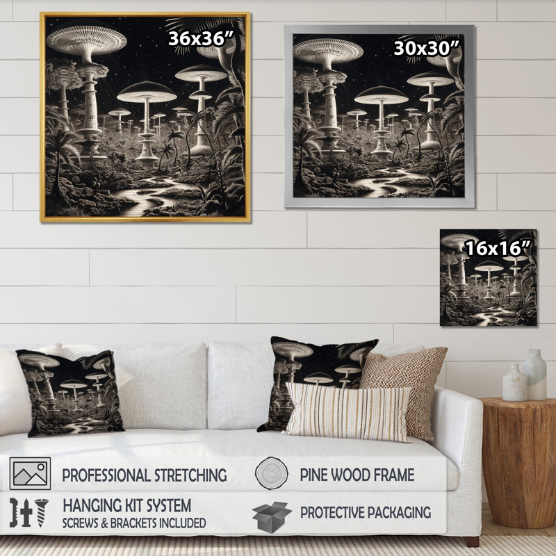 Champignons magiques énigmatiques en noir et blanc - imprimé, H 30 po x l 30 po x P 1 po, Cadre flottant noir