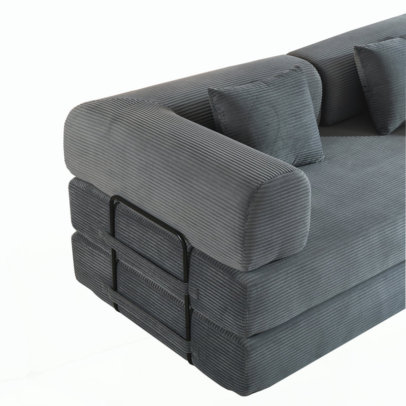 Canapé-lit convertible avec coussin cylindrique, Velours côtelé gris