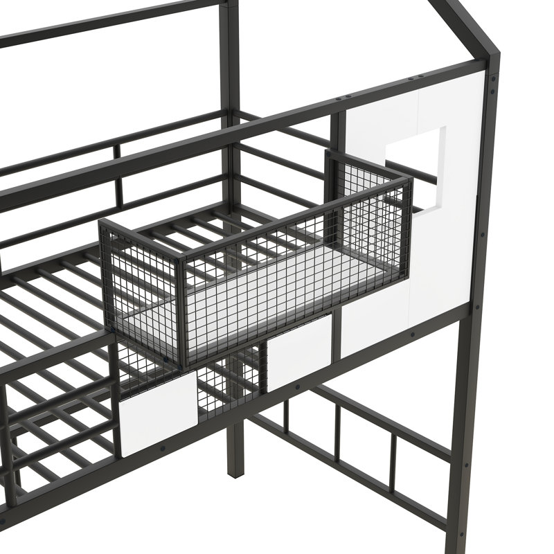 Twin Metal Loft Bed With Roof & Storage, Black