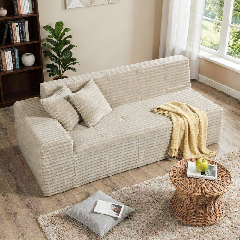 Boneless Upholstered Faux Rabbit Fur Flannel Sofa With Pillows - All Foam Compressed And No-Assembly Modular Design
