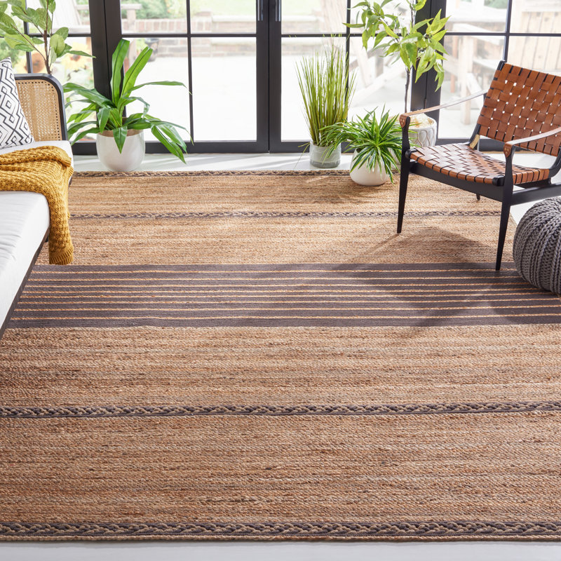 Dequawn Natural Fiber Hand Loomed Jute/Cotton Striped Rug in Brown, Rectangle 4' x 6'