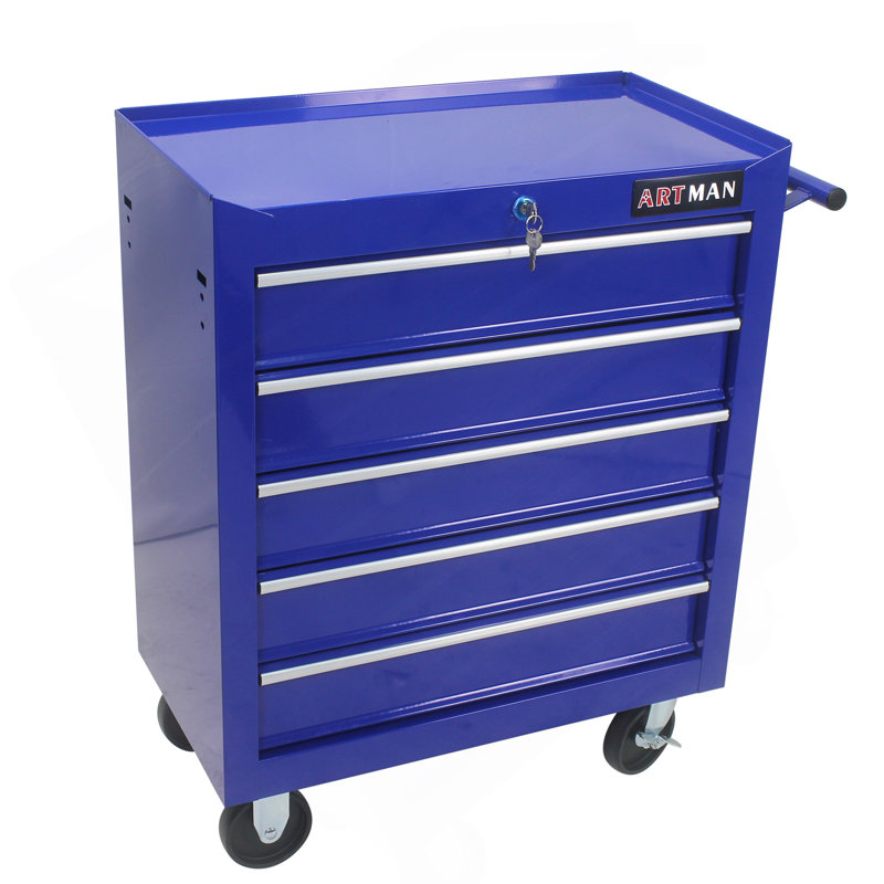 Coffre à outils à 5 tiroirs, armoire de rangement pour outils pour le garage avec 4 roues et système de verrouillage, bleu