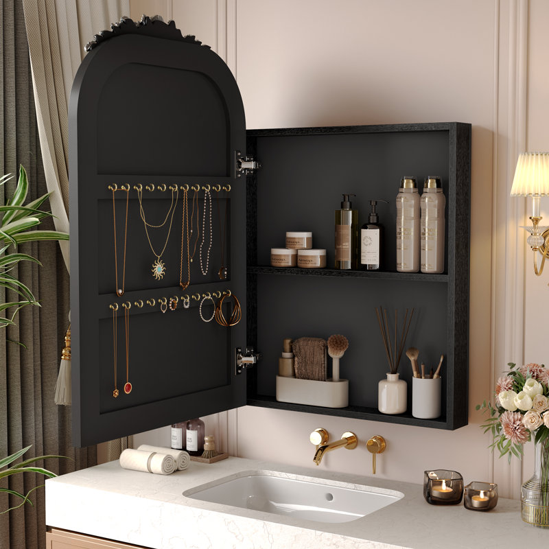 Armoire à pharmacie murale vintage noire de 51 x 76 cm avec miroir et dessus sculpté