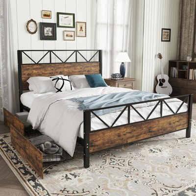 Metal Bed With 2 Drawers Industrial Style