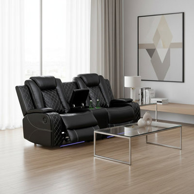 Veltrix Dark Vegan Leather  Reclining  Loveseat With Cup-Holders And LED Lights