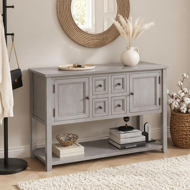 Grande console de rangement rétro Cambridge Series avec quatre petits tiroirs et une tablette inférieure pour les salons, les entrées et les cuisines