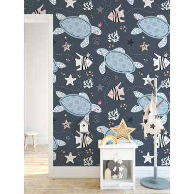 Papier peint amovible tortue de mer et poisson