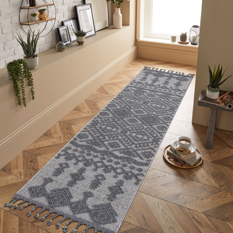 Tapis tissé 2 x 8 et blanc / gris - traditionnel pour dortoir