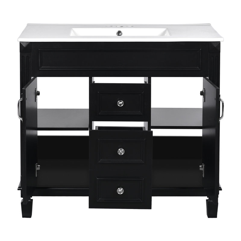 Meuble-lavabo de 36 po avec lavabo supérieur, armoire à miroir noire, armoire de rangement moderne avec 2 portes à fermeture douce et 2 tiroirs, meuble-lavabo simple
