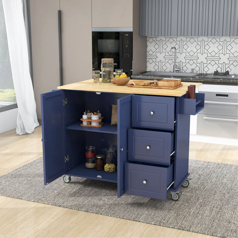 Îlot de cuisine mobile à roulettes avec plateau en bois massif et roulettes verrouillables, largeur de 52,7 po, armoire de rangement et bar à abattants, support à épices, porte-serviettes et tiroir