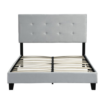 Lit plateforme tapissier grand format gris, tête de lit, support à lattes de bois, base de matelas, assemblage facile, pas besoin de sommier gris moderne avec base, pas besoin