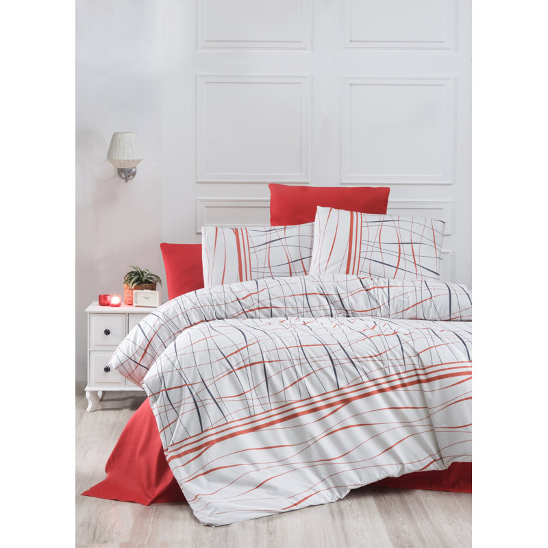 Ensemble de housse de couette double 100% coton Ranforce, blanc / rouge / bleu foncé | Housse de couette 78,7 po x 86,6 po, drap plat 86,6 po x 94,5 po, 2 taies d'oreiller 19,7 po x 27,6 po | 142 fils, fermeture à boutons, lavable à la machine