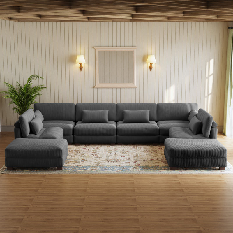 Maelina 8-Piece Corduroy Modular Sectional with 2 Ottomans, Gray Corduroy