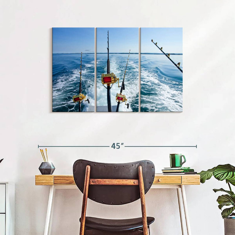 Ensemble de 3 pièces de pêche au gros sur toile, H 24 po x l 38 po x P 1,25 po