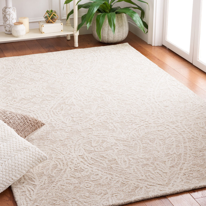 Bathelda Hand Tufted Wool/Cotton with Cotton Backing Floral Rug in Beige/Ivory, Rectangle 5' x 8'