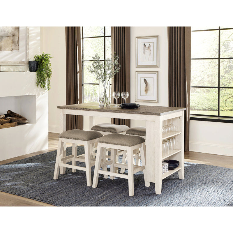5pc Counter Height Set Multifunctional Counter Height Table with 4 Stools Fabric Upholstered Nailhead Trim Dining Room Furniture
