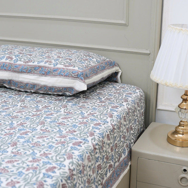 Fabdivine Pure Cotton Bedsheet Set – Handcrafted Comfort with Matching Pillow Covers, Thorny stem, Blue/Red Floral
