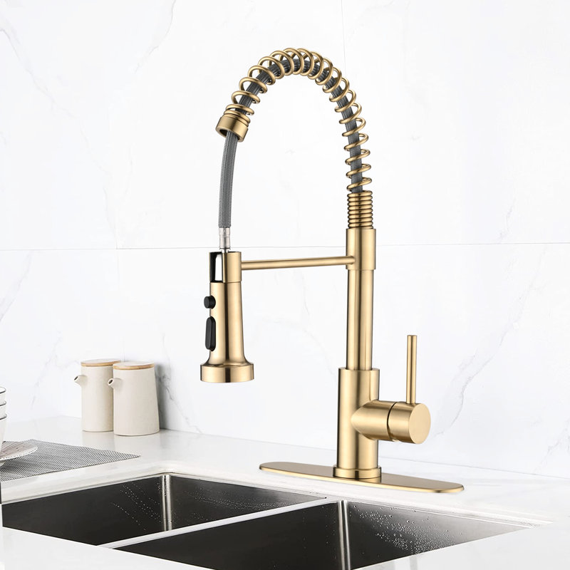 Pull Down Spray Kitchen Sink Tap In Brushed Gold - Rust And Corrosion Proof, 9.05" Reach, 1.8Gpm ,