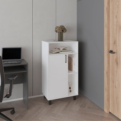Armoire de base Bryce, organisateur compact, avec une porte, tablettes ouvertes et espace de présentation