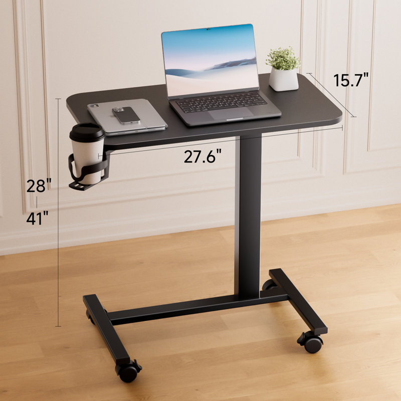 Adjustable Overbed Bedside Table With Lockable Wheels, Pneumatic Mobile Standing Laptop Desk, Small Standing Desk Portable Rolling Overbed Table Hospital Home Use