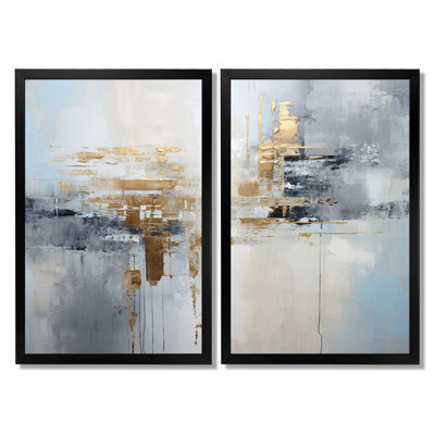 «Gold Memories On Faded Blue», art mural abstrait, impression sur toile bleue abstraite 2 panneaux