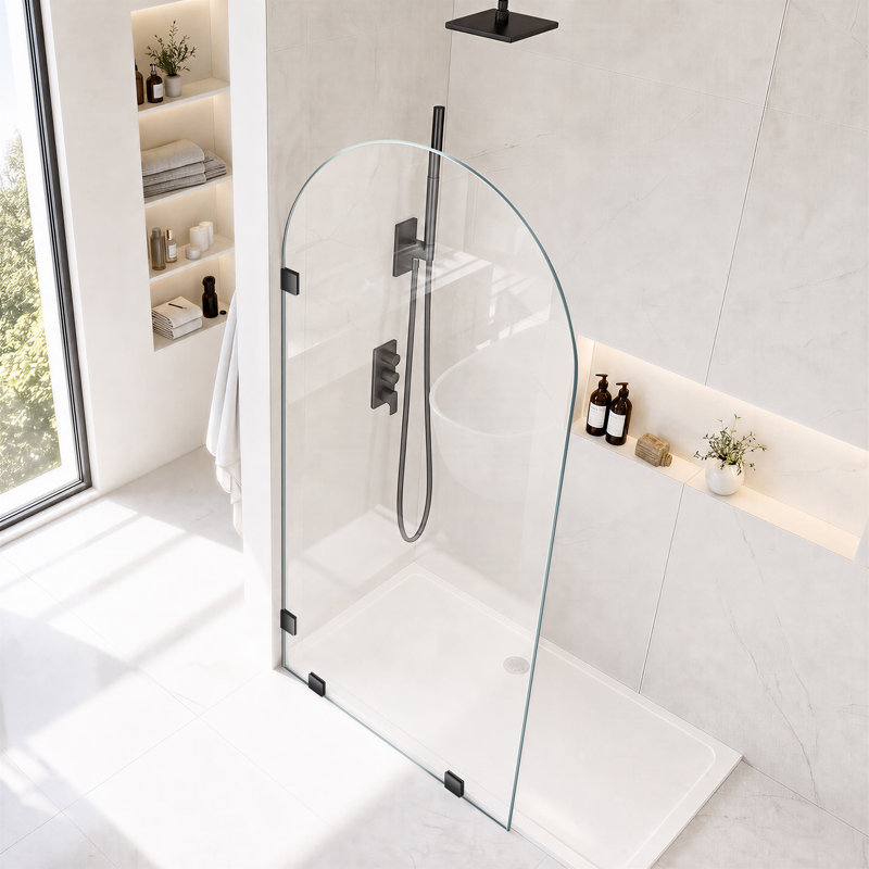 Écran de douche fixe l 36 po x H 80 po, panneau de verre arqué avec verre trempé transparent de 3/8 po, panneau de verre simple sans cadre, porte de douche à l'italienne, noir mat