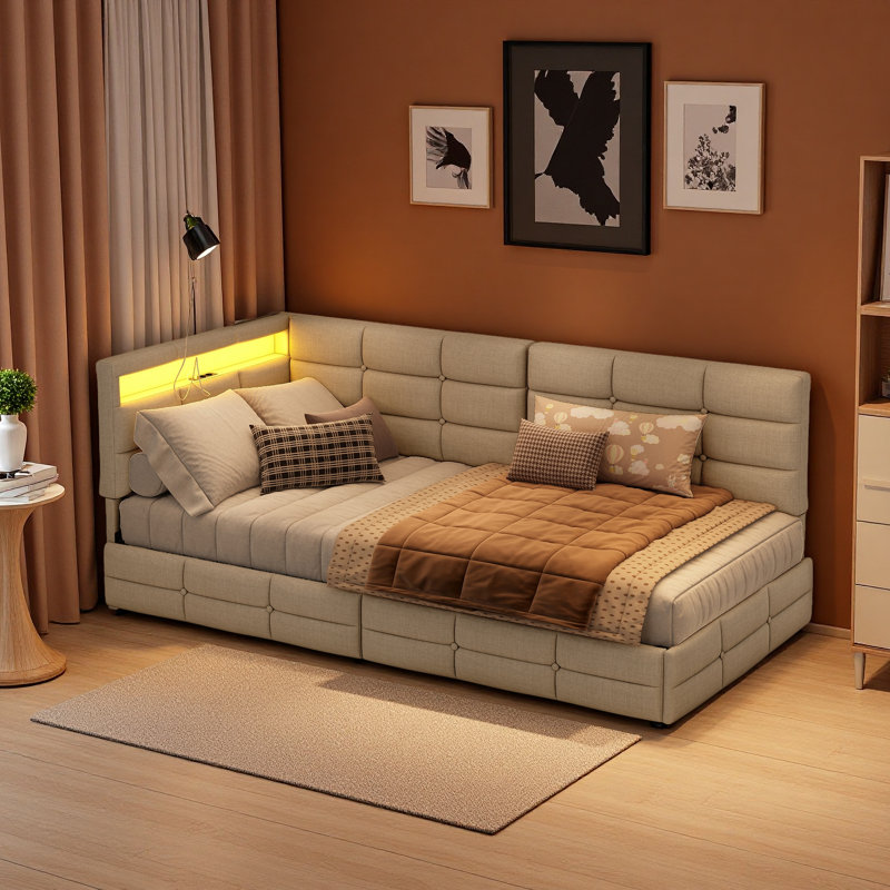 L-Shaped Upholstered Daybed with 2 Drawers, Beige