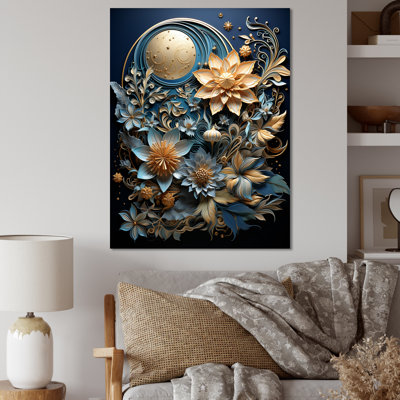 Papier mâché beige et bleu sarcelle fleurs mélangées - reproduction sur toile
