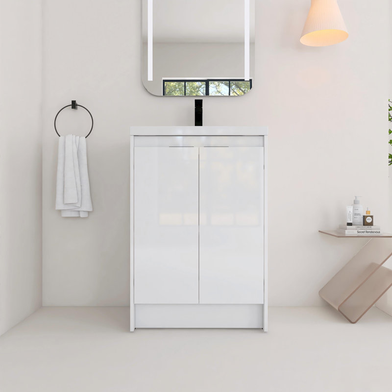 Meuble-lavabo autoportant de 24 po avec lavabo en résine, portes à fermeture en douceur, Glossy White