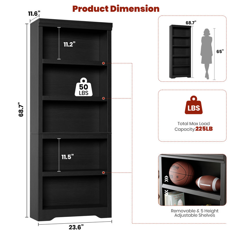 5-Tier Farmhouse Bookcase with Adjustable Shelves, Floor Standing Open Display Storage Rack, Anti-Slip Design, Black