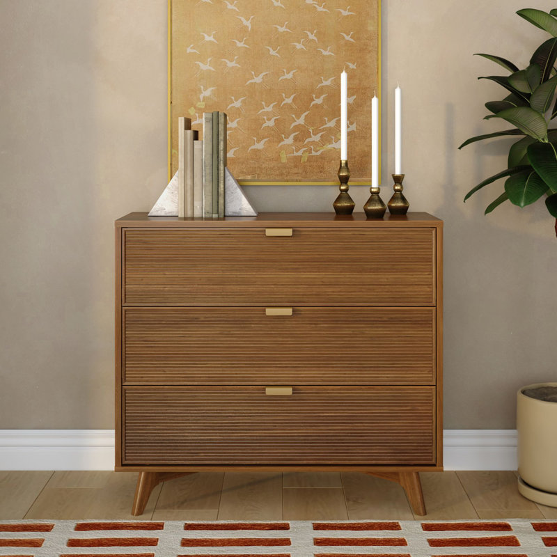 Alice Linea Fluted 3-Drawer Tambour Dresser with Brass Pulls