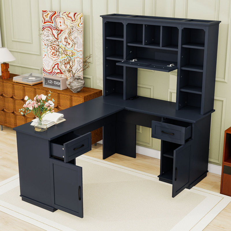 Bureau d'ordinateur en L avec armoire de rangement et prise de courant, Bleu antique
