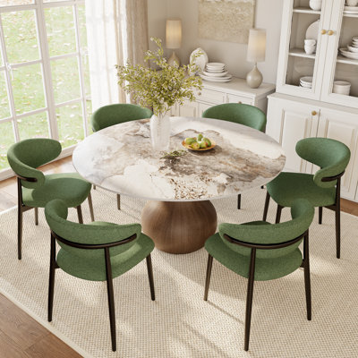 Ensemble de table de salle à manger 5/7 pièces, ensemble de table de salle à manger rond en noyer foncé pré-assemblé, plateau de table en pierre frittée 47 "/ 53" / 59 "avec chaises rembourrées