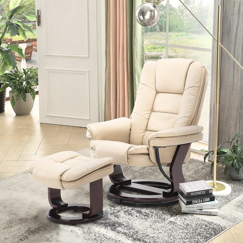 32" Contemporary Leather Recliner and Ottoman with Swiveling Mahogany Wood Base, Cream