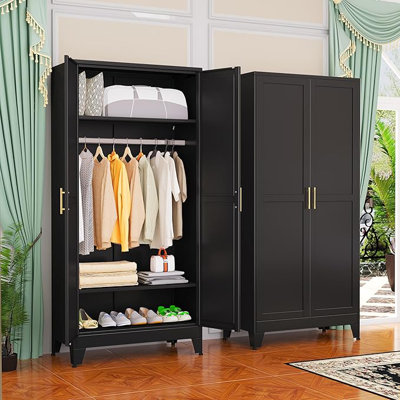Armoire-penderie en métal avec tringle, armoires de rangement pour vêtements en métal 71 po avec 2 portes et tablettes réglables, armoire-penderie noire pour chambre à coucher, salle de lavage, vestiaire