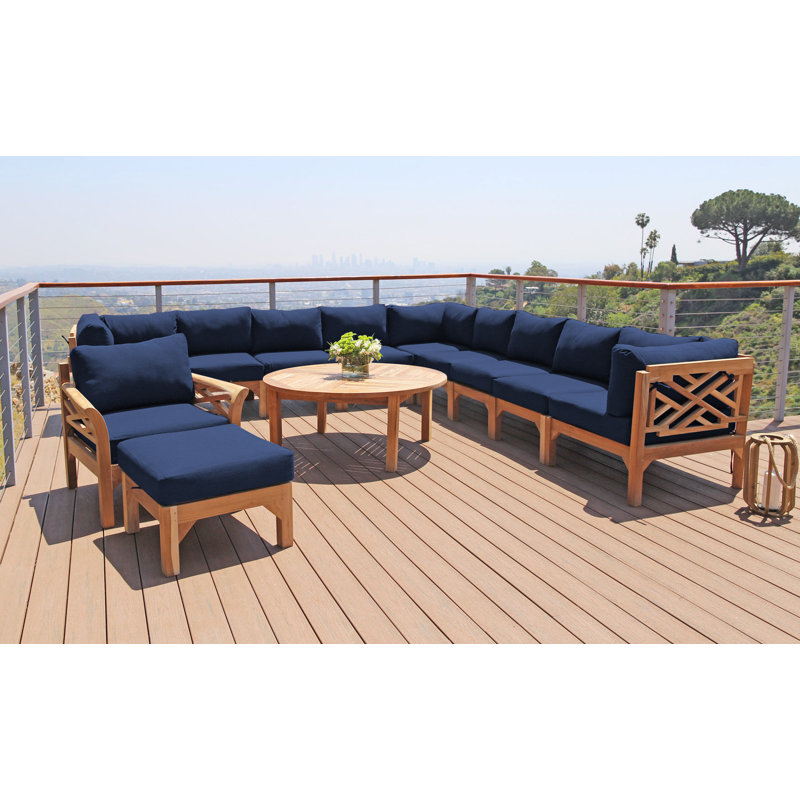 Monterey Teak Outdoor Seating Group with Cushions, Camel, 6 Pcs:  Sofa,2Chair,Cushion,Table,Ottoman