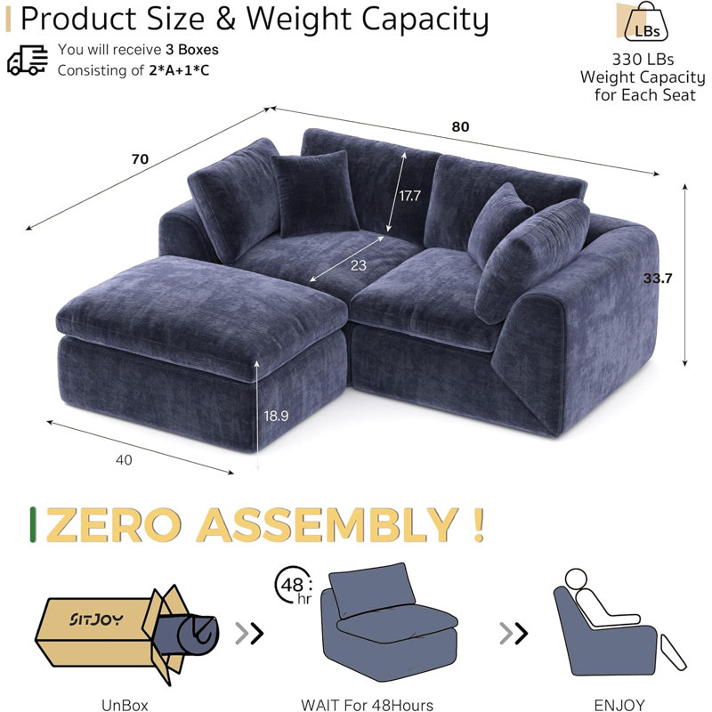 Boneless L-Shape 3-Seat Velvet Sectional Sofa With Ottoman, 79" Wide, No-Assembly Cloud-Style Design, High-Density Boneless Compression Foam