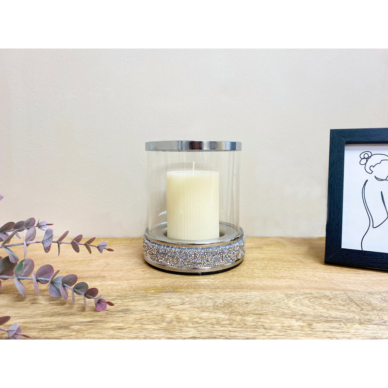 Glass Tabletop Candlestick with Candle Included, 16.5cm H x 13.6cm W x 14cm D